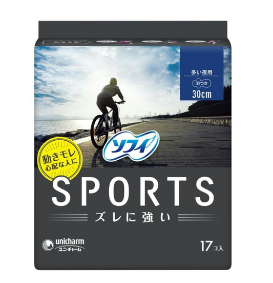 Sofy Sports Sanitary Napkins (for heavy nighttime flow) with wings, 30cm x 17 pieces (unique fitting shape, wide wings, and a tight seal prevent slipping due to movement or impact)