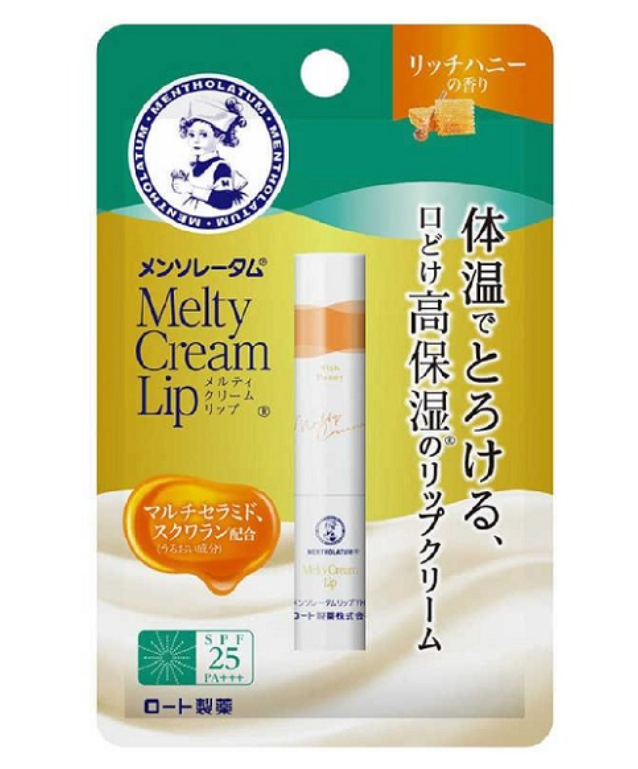 Rohto Mentholatum Melty Cream Lip Honey Lip Balm SPF25/PA+++ 2.4g, Contains multiple ceramides