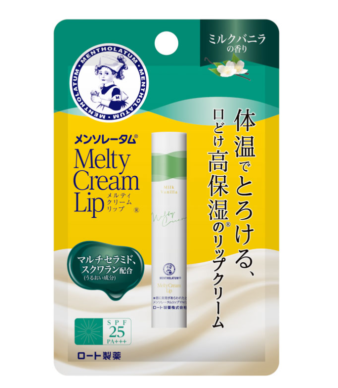 Rohto Mentholatum Melty Cream Lip Vanilla Lip Balm SPF25/PA+++ 2.4g, Contains multiple ceramides