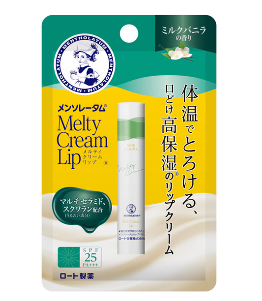 Rohto Mentholatum Melty Cream Lip Vanilla Lip Balm SPF25/PA+++ 2.4g, Contains multiple ceramides