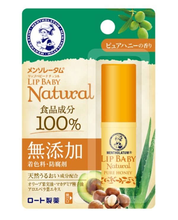 Rohto Mentholatum Lip Baby Natural Honey Lip Balm 4g (Additive-free formula prevents roughness and dryness, moisturizes lips)